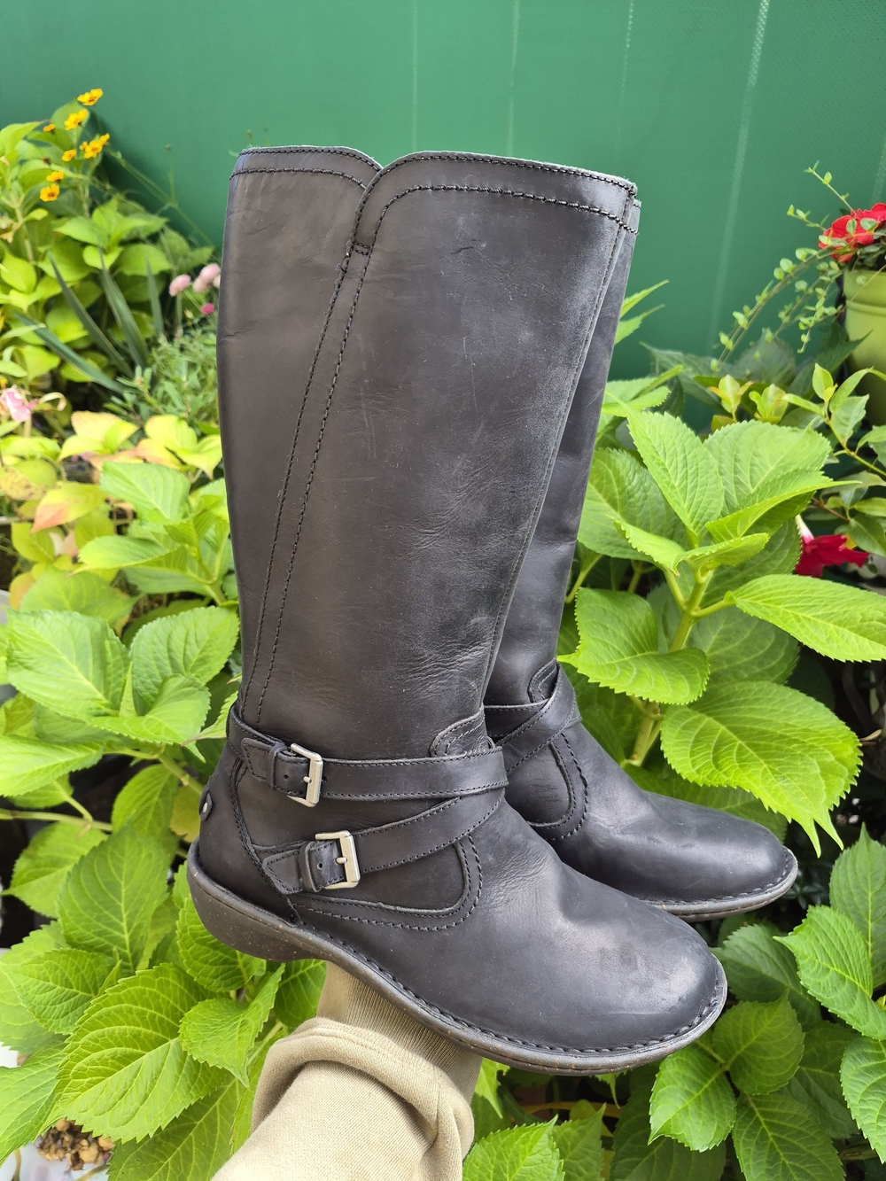 UGG Black Leather Mid-Calf Buckle Boots